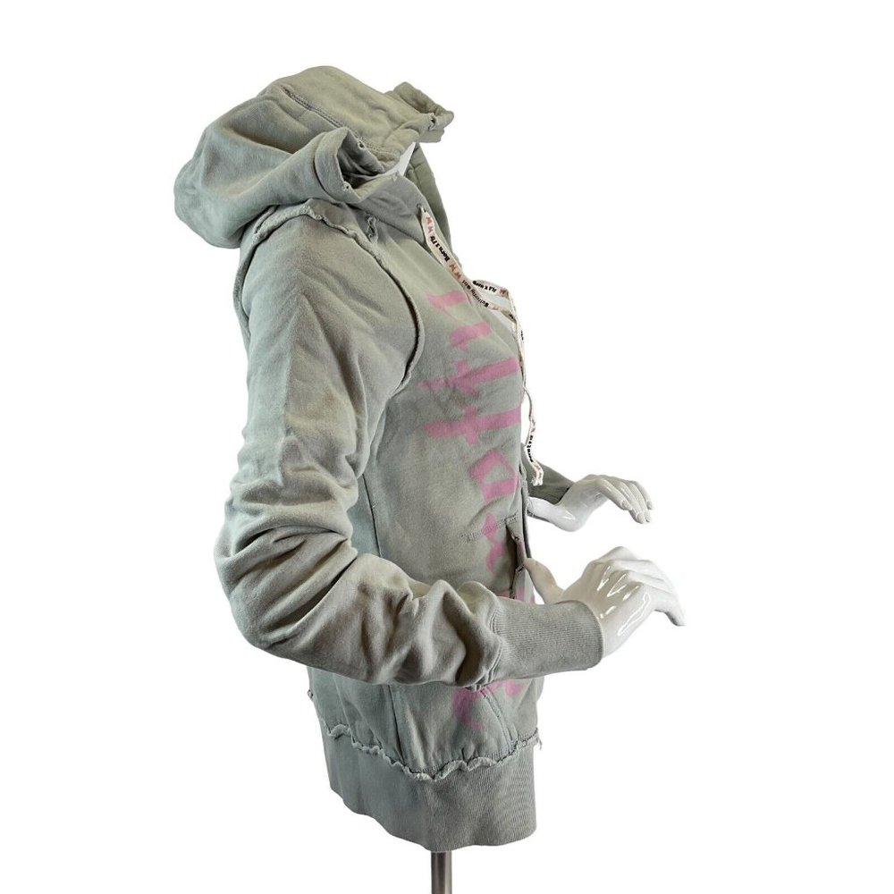 Lovestitch Womens Sz M Gray Sweatshirt Hooded Jacket Printed sleeve and back Nwt - Picture 2 of 12